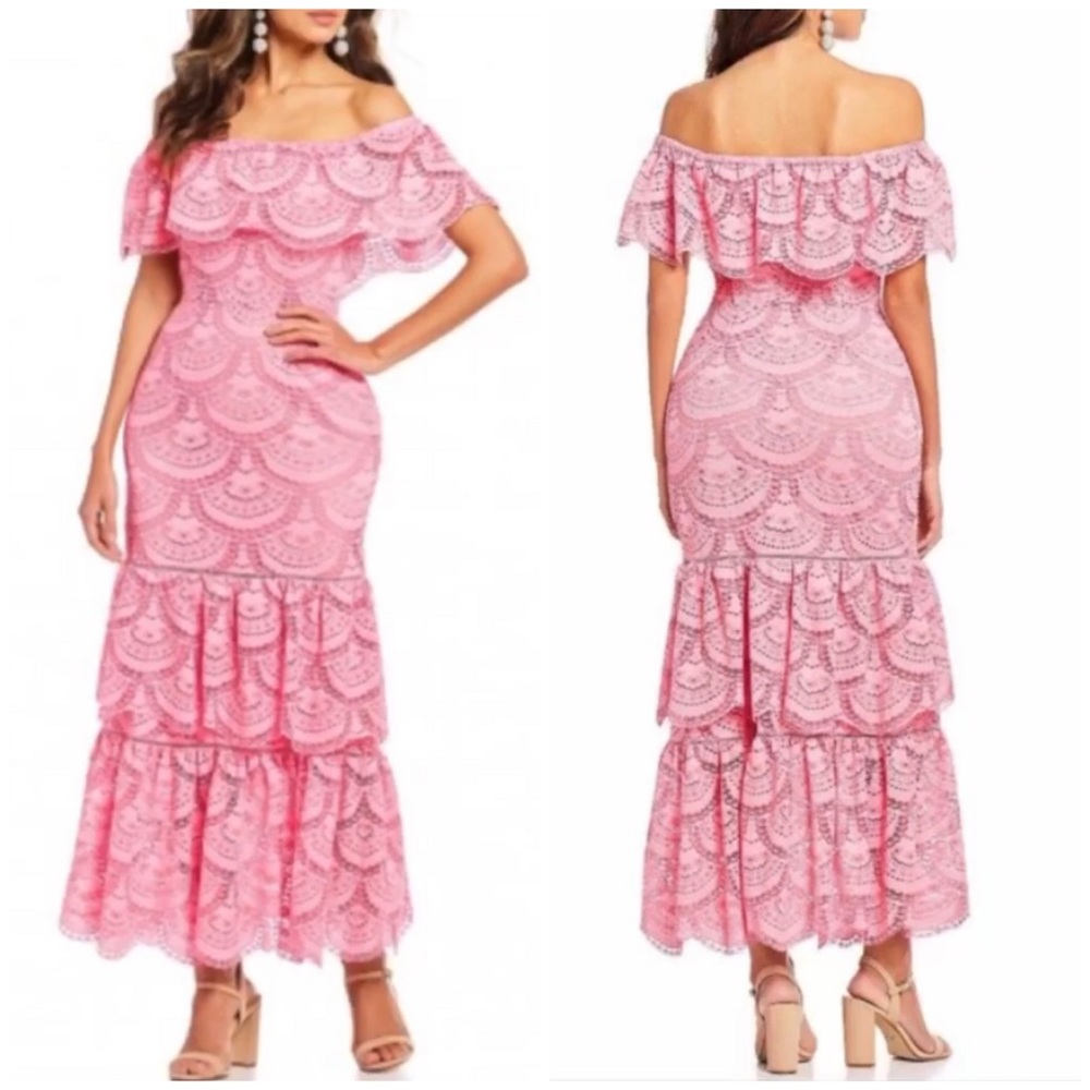 Pink tiered lace maxi dress wedding bridemaid